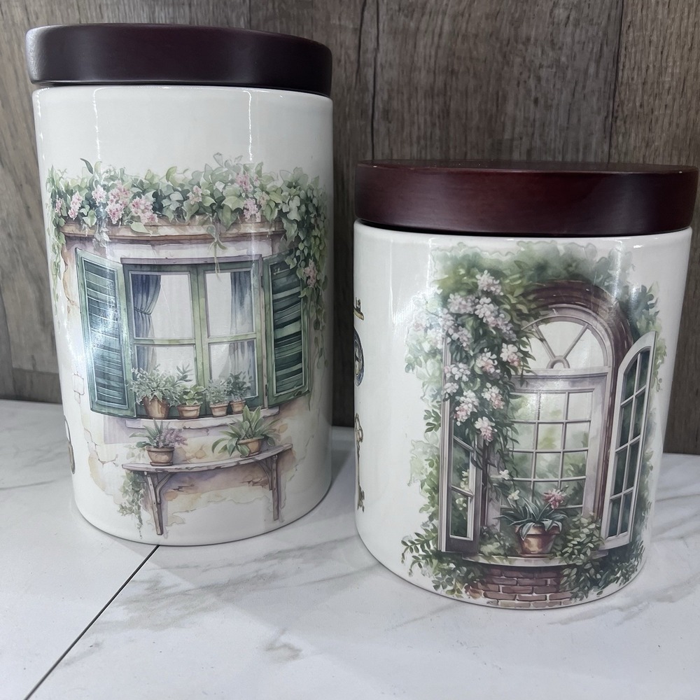 2 Ceramic Canister Set With W/ Wood Suction/Sealed Lids Windows 8.5x5" & 6.5x5"